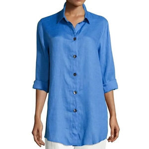 New $310 Caroline Rose Women's Calypso Blue Tissue Linen Boyfriend Shirt Size 1X